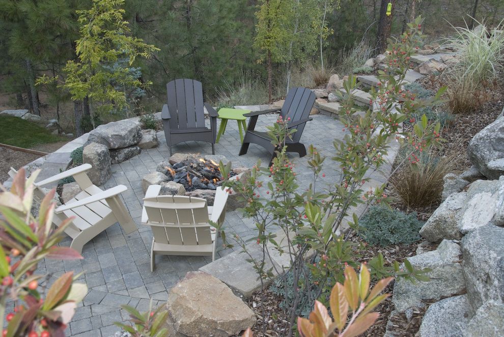 Composite Adirondack Chairs with Traditional Landscape  and Adirondack Chairs Boulders Curved Patio Fire Pit Hillside Painted Wood Furniture Pavers Planting Beds Retaining Wall Stones