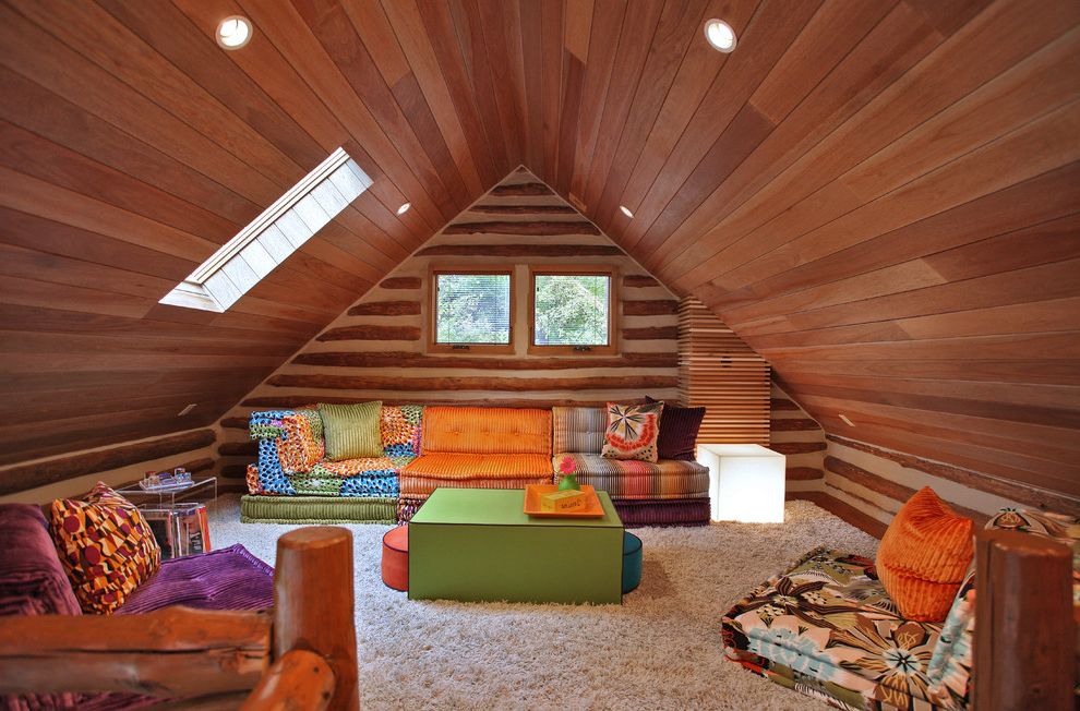 Convert Attic to Loft with Eclectic Family Room Also Bright Colors Chinking Colorful Contemporary Contemporary Artwork Contemporary Rustic Log Cabin Low Couch Modern Skylight