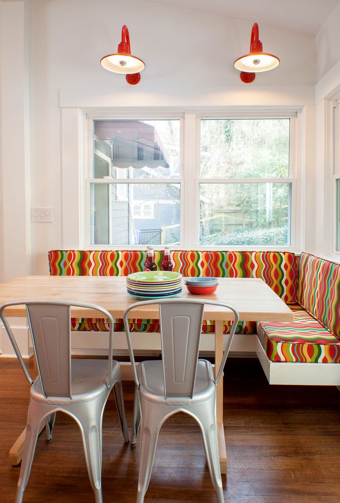 Corner Banquette Seating for Sale with Contemporary Dining Room Also Banquette Butcher Block Countertops Colorful Cushions Metal Dining Chairs Schoolhouse Electric