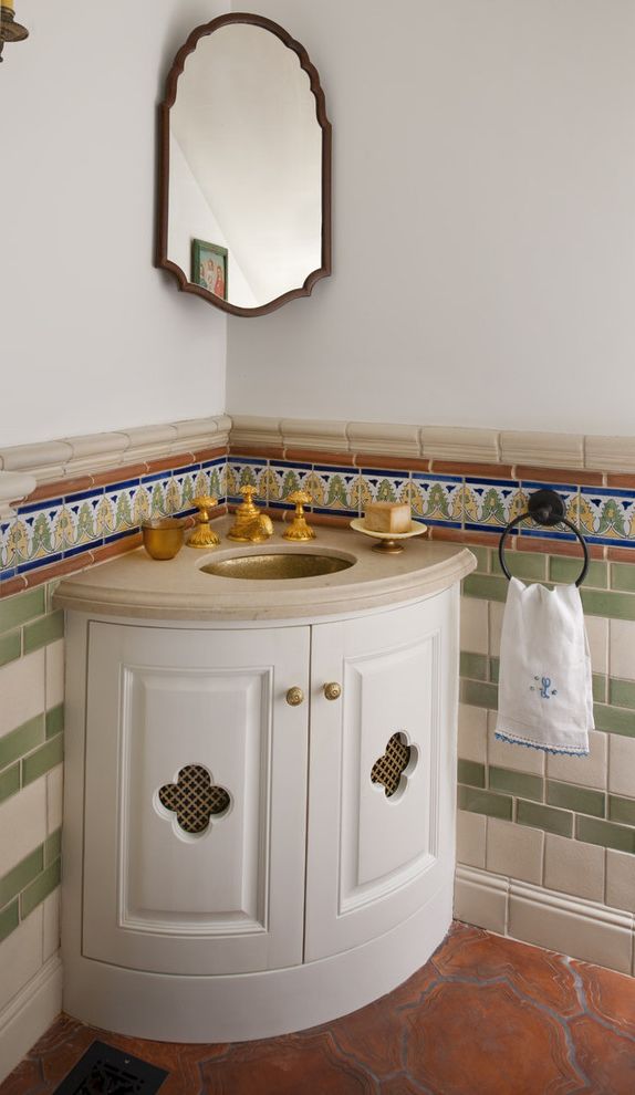 Corner Utility Sink   Mediterranean Powder Room Also Accent Tile Bath Accessories Bathroom Mirror Corner Sink Curved Vanity Small Bathroom Terracotta Floor Tiles Tile Stripes Vanity Wainscoting