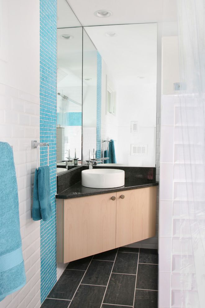 Corner Utility Sink   Modern Powder Room  and Bathroom Mirror Blue Tile Corner Sink Dark Floor Floating Vanity Mosaic Tile Pillowed Tiles Tile Floor Tile Stripe Turquoise Tile Vessel Sink White Subway Tile