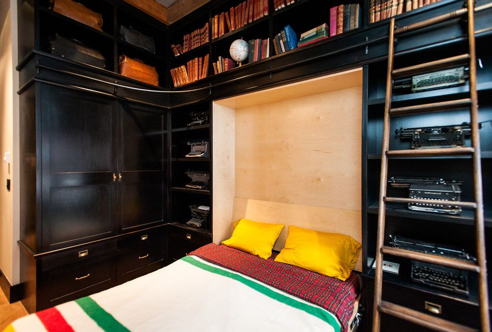 Costco Murphy Bed   Eclectic Bedroom Also Books Built Ins Built in Bookcase Dark Wood Hbc Hudson Bay Company Ladder Murphy Bed Plaid Sheets Shelves Typewriter Vintage Wood Ladder Yellow Pillows