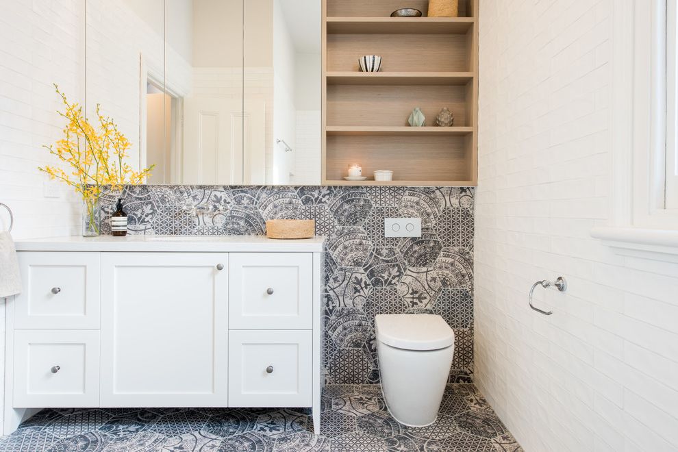 Costco One Piece Toilet   Transitional Bathroom  and Bathroom Bathroom Storage Caesar Stone Feature Tile Graphic Tiles Hex Tiles Subway Tiles Tiles Timber Timber Veneer