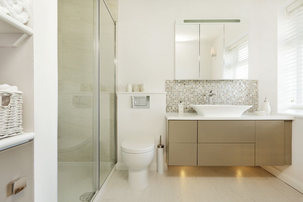 Costco One Piece Toilet with Contemporary Bathroom  and Built in Shelves Flat Panel Cabinets Glass Shower Minimalist One Piece Toilet Three Open Mirror Cabinet Under Vanity Lighting Wall Mounted Vanity White Walls White Wicker Basket