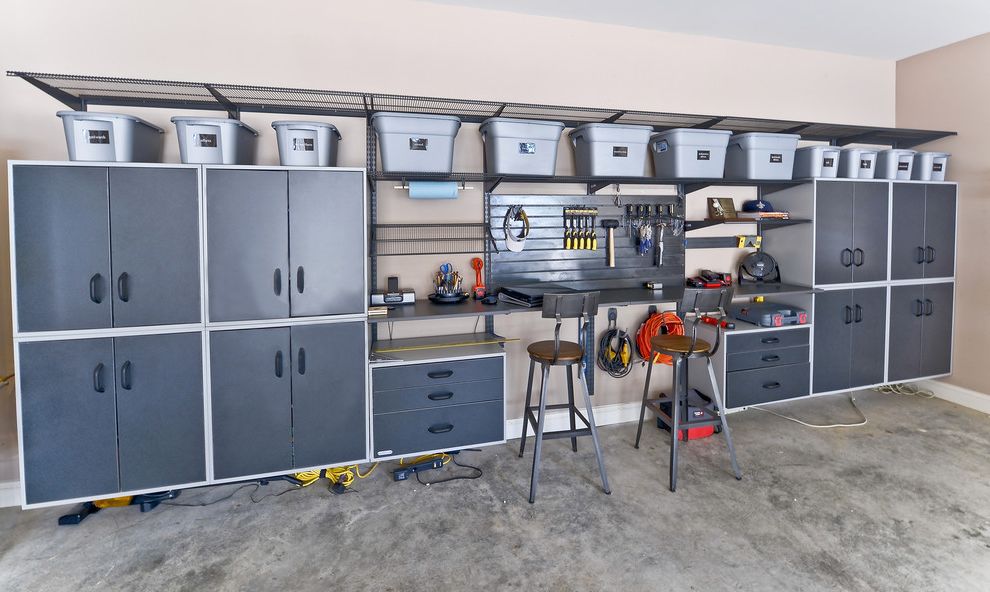 Costco Shelves Garage   Contemporary Garage Also Concrete Floor Counter Stools Floating Cabinets Garage Storage Gray Shelving Storage Bins Storage System Tool Storage Wall System Workshop