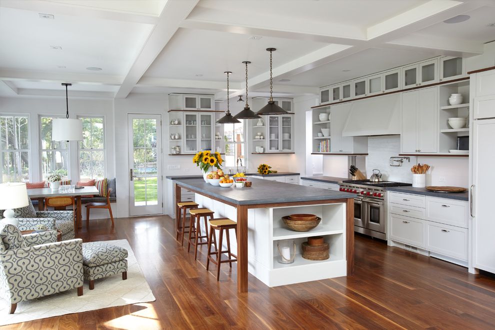 Countertop Support Legs with Beach Style Kitchen and Banquette Beamed Ceiling Gray Countertop Open Shelves Patterned Armchairs Pendant Lights Sag Harbor Walnut Flooring White White Beams Wood Bar Stools