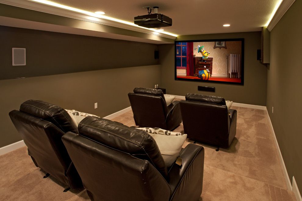 Crown Point Theater with Traditional Home Theater Also Baseboards Beige Carpet Cove Lighting Home Theater Media Room Olive Green Walls Projector Recliners Reclining Chair Stadium Seating Theater Chairs White Trim