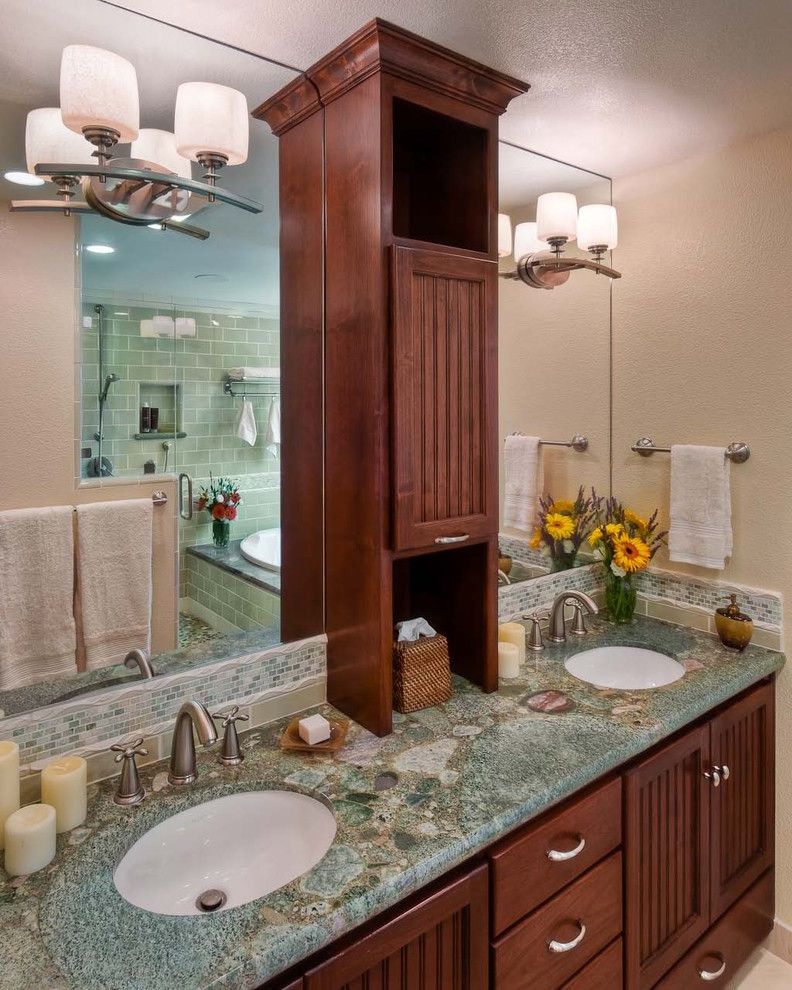 Ct Lighting Center with Contemporary Bathroom Also Beadboard Brushed Nickel Counter Cabinet Dark Wood Cabinet Granite Counter Green Granite Green Tile Large Mirror Mini Subway Tile Subway Tile Tile Accent Undermount Sink Wood Vanity