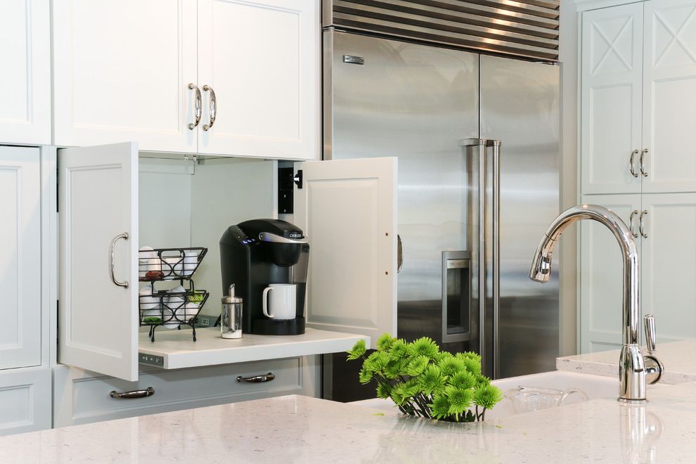 Cuisinart Keurig Coffee Maker with Transitional Kitchen Also Chrom Polished Nickel Pull Down Faucet Subzero Subzero Refrigerator White Cabinet