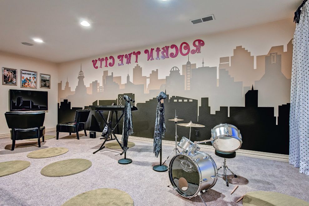 Culver City Theater   Eclectic Kids Also Capped Baseboard Childrens Room Drum Set Keyboard Kids Room Light Gray Carpet Lounge Music Room Round Rugs Smart Space Teenage Girls Room Teenager Room Tv Wall Art Wall Mural Wall Quote Word Art