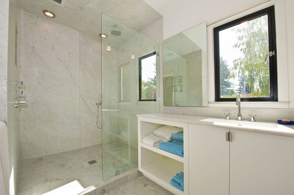 Daltile Florentine   Modern Bathroom Also Carrara Counter Carrara Marble Slab Shower Shower Light Storage Tile White Vanity with Shelves