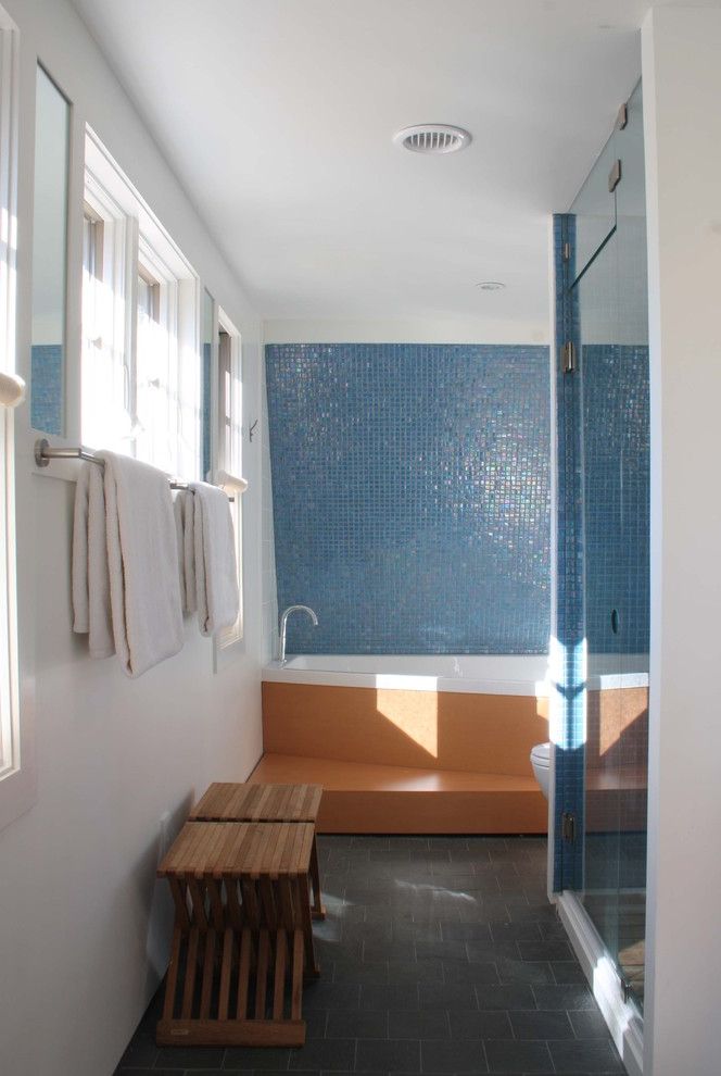 Daltile Van Nuys   Contemporary Bathroom Also Blue Tile Clean Mosaic Tile Orange Slate Soaking Tub Spa Stools Teak Zen