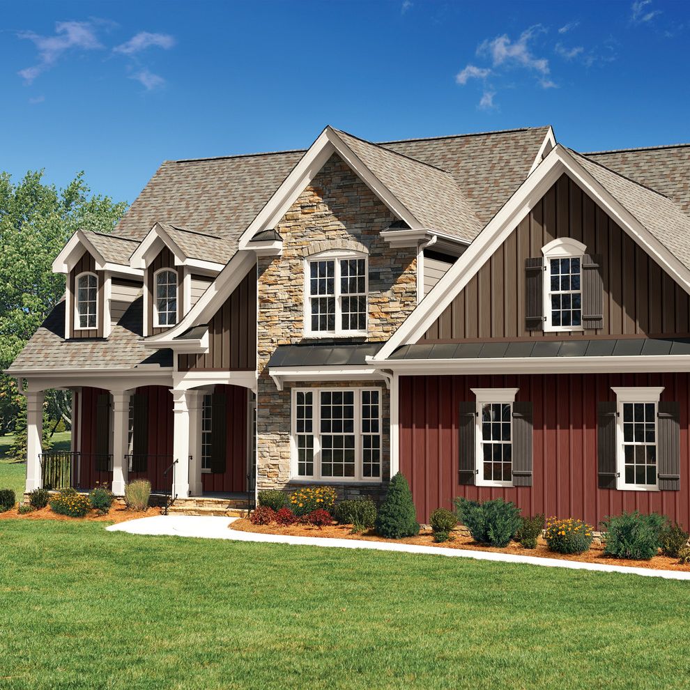 Dark Brown Vinyl Siding   Traditional Exterior  and Board and Batten Covered Porch Dormer Windows Landscpaing Shingle Roof Stone Siding White Columns