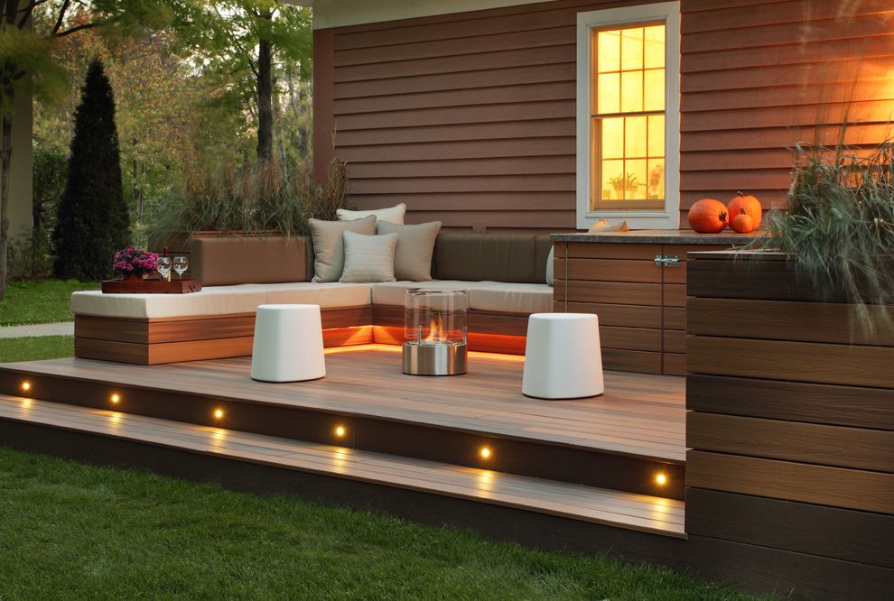 Deck Lighting Unlimited with Transitional Patio Also Brown Siding Deck Outdoor Fireplace Fire Feature Grass Gray Pillows Ottoman Tray Outdoor Living Space Pumpkins Seat Cushions Stair Lighting