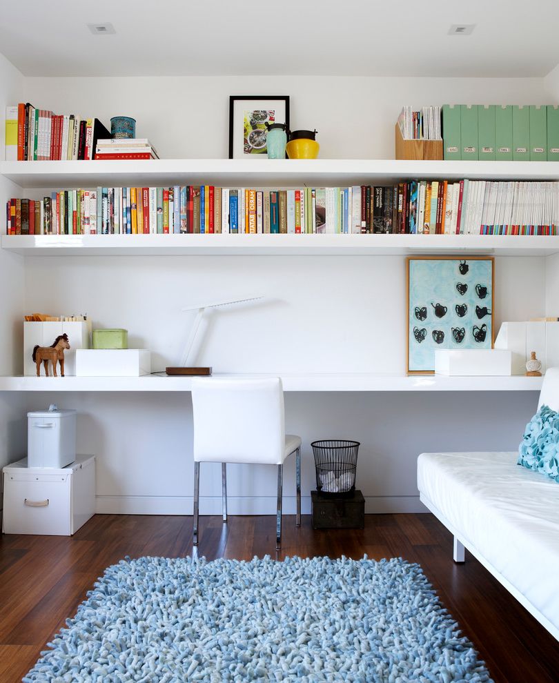 Desk with Shelves Above with Contemporary Home Office and Blue Area Rug Bookshelves Floating Shelf Trash Can White Chair White Sofa