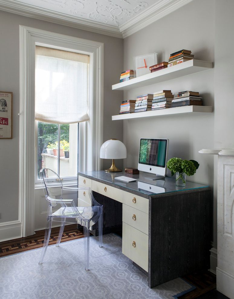Desk with Shelves Above with Transitional Home Office and Floating Shelf Ghost Chair Gray Area Rug Table Lamp White Roman Shade White Trim
