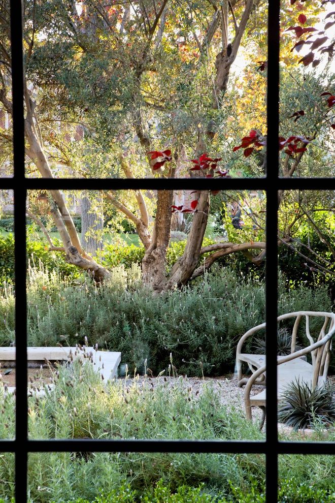 Diamond View Studios   Traditional Landscape  and Fountain Framed View Garden Bench Garden Seat Garden Window Gravel Lavender Mass Plantings Olive Trees Serene Twigs