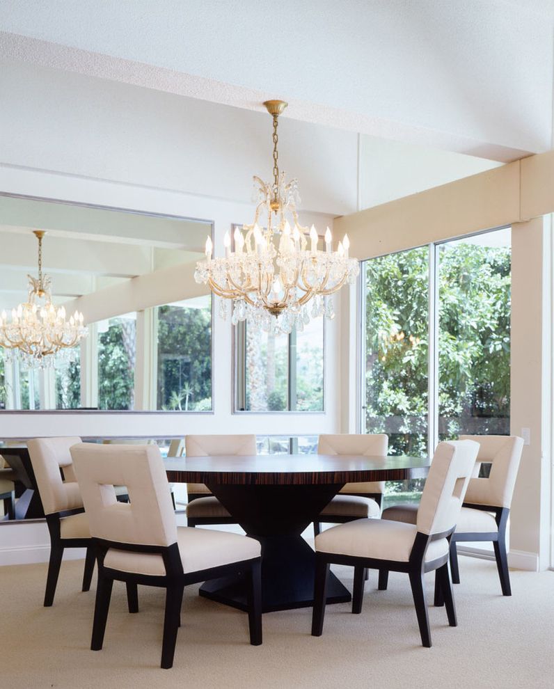 Dining Table Pedestal Base Only   Contemporary Dining Room Also Beige Carpet Beige Dining Chairs Chandelier Gold High Ceiling Large Mirror Round Dining Table Sliding Door White Walls