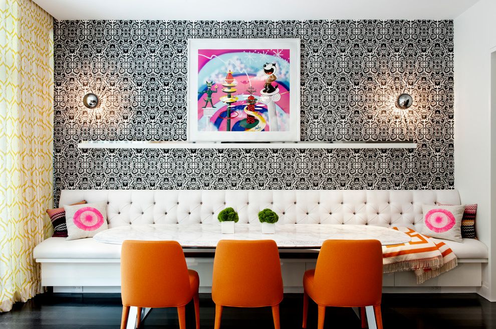 Distinctive Fabrics with Contemporary Dining Room  and Banquette Chelsea Ny Dining Table Mixed Patterns New York Orange Chairs Townhouse Wall Art Wallpaper