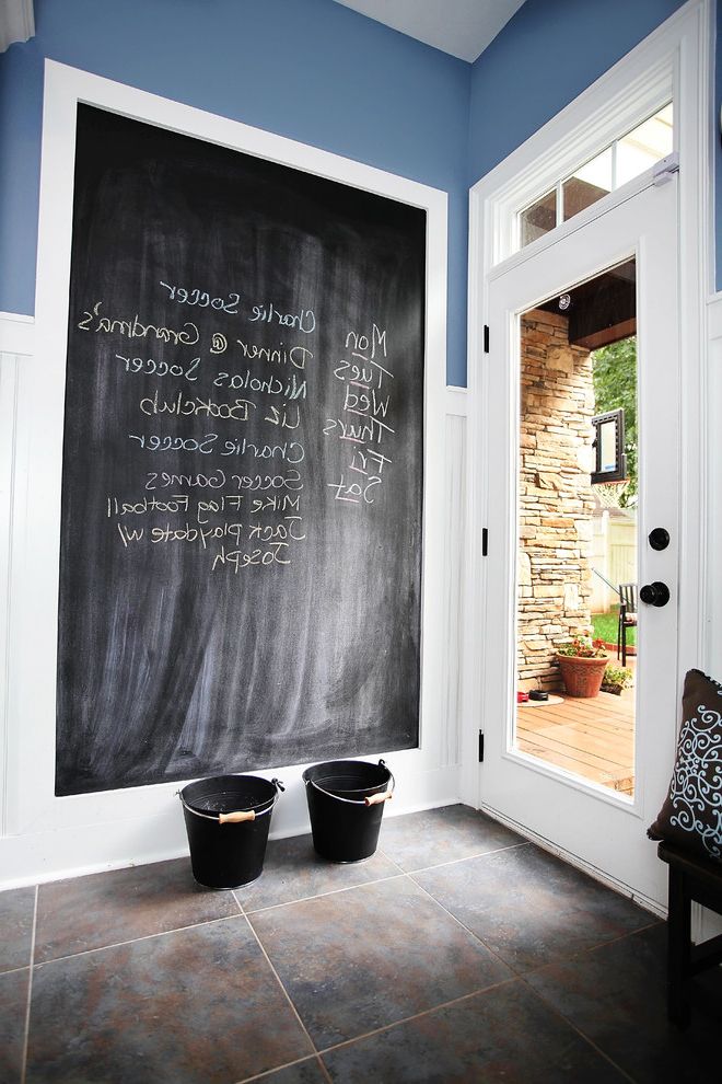 Do Chalk Markers Erase   Farmhouse Entry Also Blue Walls Chalkboard Chalkboard Paint Functional Mudroom Paneled Walls Shiplap Transom v Groove