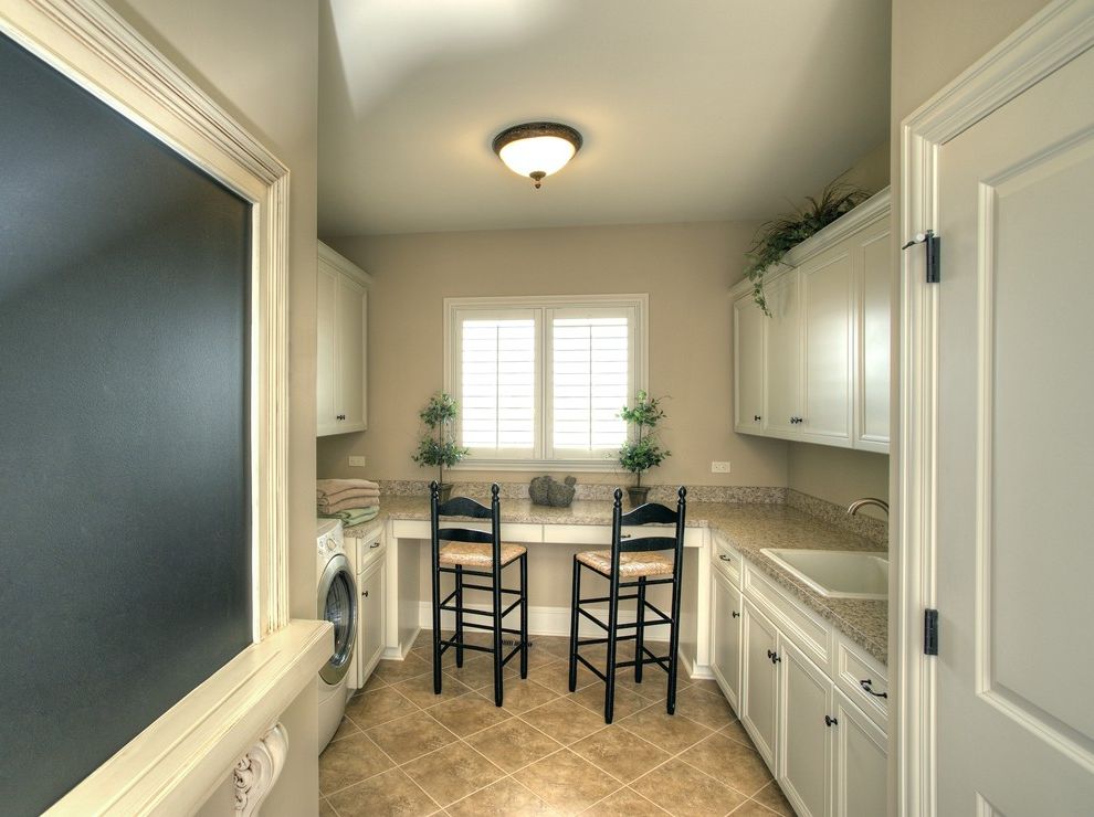 Do Chalk Markers Erase   Traditional Laundry Room  and Built in Storage Ceiling Lighting Chalkboard Desk Floor Tile Front Loading Washer and Dryer Rush Seat Chair Sconce Utility Sink White Cabinets