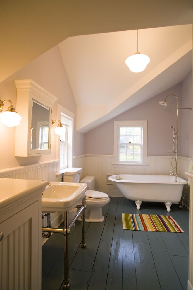Eclipse Faucets   Victorian Bathroom Also Beadboard Wainscoting Clawfoot Tub Dormer Windows Painted Wood Floor Purple Walls Schoolhouse Pendant Light Striped Bath Mat Wainscoting White Trim