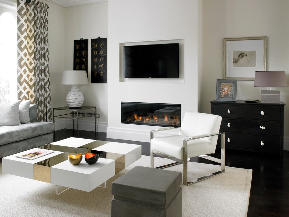 Electric Fireplaces for Sale with Contemporary Living Room  and Chrome Furniture Contemporary House Dark Oak Flooring Gas Fireplaces Hole in the Wall Fire Recessed Tv Tv Above Fireplace White and Gold Coffee Table White Armchair White Walls