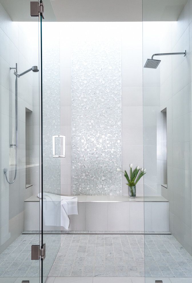 Emser Tile Scottsdale   Transitional Bathroom  and Brizo Bubble Tile Emser Tile Glass Shower Handshower Linear Drain Luxury Home Rainshower Head Recessed Shower Niche Shower Bench White Bathroom
