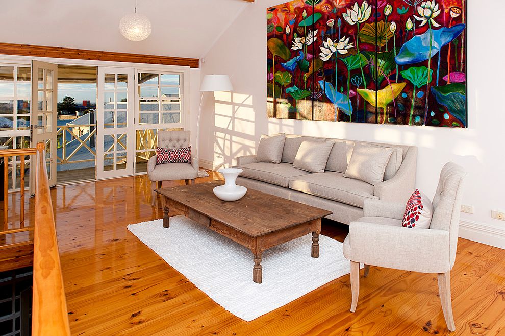 Equinox Pine Street   Contemporary Living Room Also Area Rug Artwork Balcony Fremont French Doors Knotty Floor Large Painting Pendant Light Rustic Coffee Table Seating Area Toucan Trading Vaulted Ceiling Wood Grain
