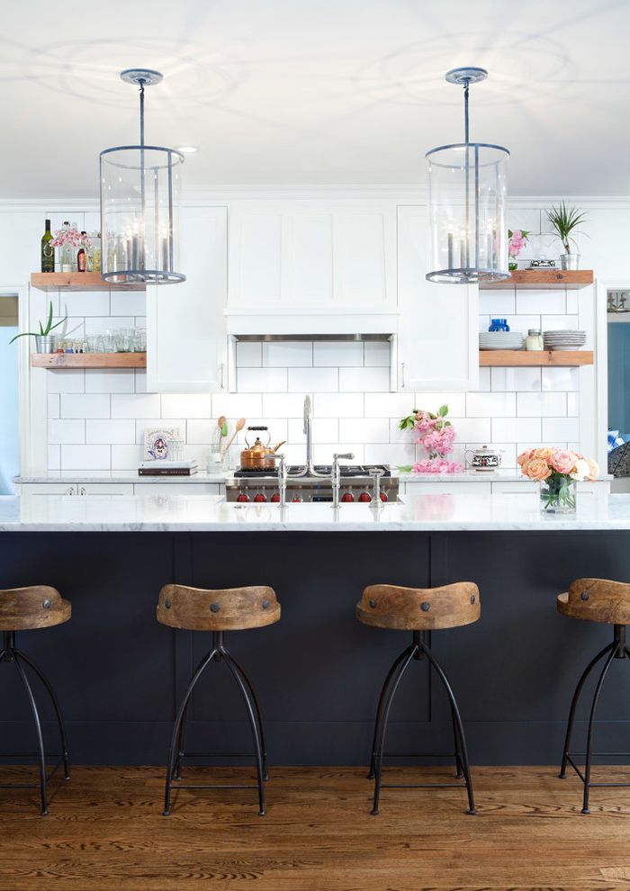 Ethan Allen Bar Stools with Transitional Kitchen Also Counterstool Dark Kitchen Island Marble Millwork Pendant Lighting Reclaimed Wood Subway Tile Subzero Appliance Urban Electric White Walls Wolff Appliance Wood Counterstool