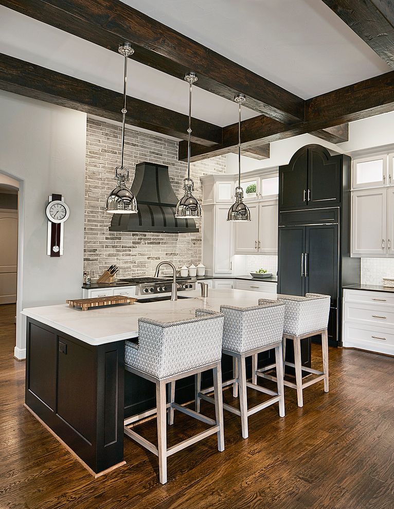 Ethan Allen Reno   Transitional Kitchen  and Black Hood Black Kitchen Island Glass Cabinets Kitchen Island Lighting Modern Kitchen Faucet Shaker Style Silver Pendant Light Transitional Stools White Countertops White Jars with Lid Wood Beams