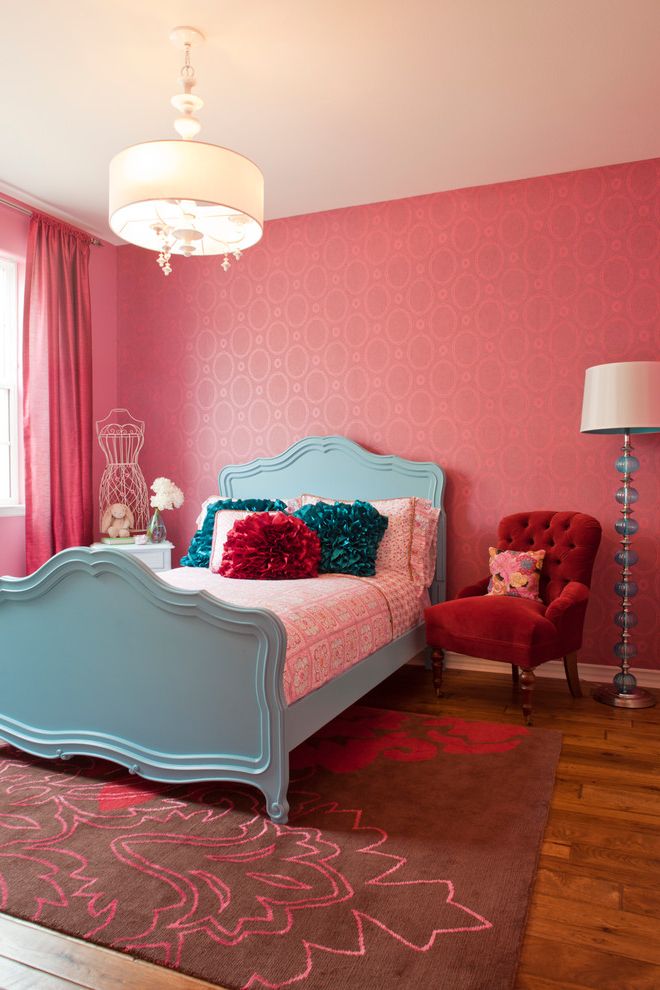 Feather Bed Topper Queen   Transitional Kids Also Accent Pillows Area Rug Bedding Bedroom Dress Form Drum Pendant Floor Lamp Girls Room Light Blue Bed Nightstand Pink Curtain Pink Wallpaper Tufted Chair Wood Floors