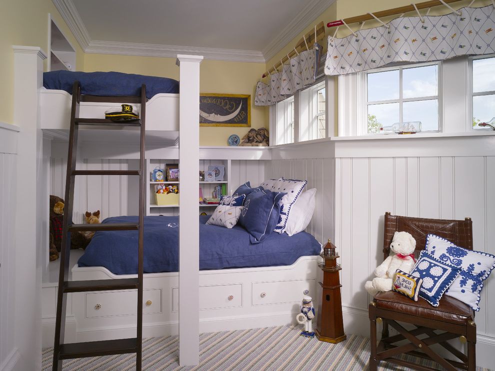 Feather Bed Topper Queen with Traditional Kids  and Blue Bedding Built in Shelves Built Ins L Shaped Bunk Beds Leather Chair Nautical Striped Carpet Under Bed Storage Wainscoting Window Ledge Window Treatments Wood Bed Frame Wood Column Yellow Wall
