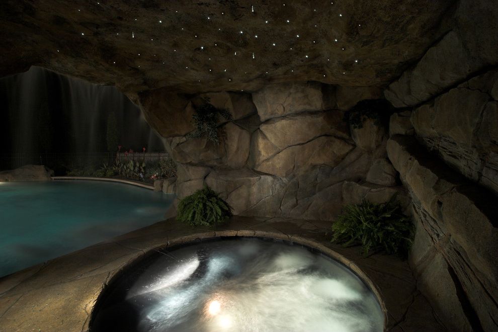 Four Person Hot Tub with Rustic Pool and Black Interior Boulder Faux Rock Firber Optic Lighting Grotto Hot Tub Hot Water Spa Lagoon Pool Natural Night Sky Pool Rock Rock Waterfall Spa Star Stone Vanishing Edge Zen Garden