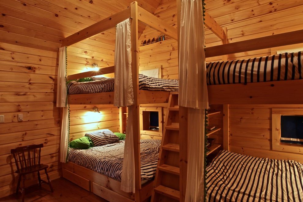 Full Over Queen Bunk Bed with Stairs with Rustic Bedroom Also Bunk Beds Bunkie Cottage Guest Room Island Cottage Knotty Wood Paneling Rustic Wood Walnut Tops