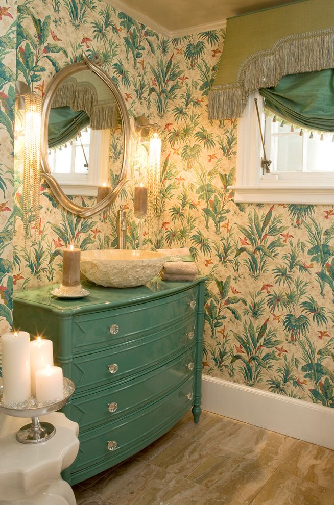 Furniture Stores Sarasota with Tropical Bathroom Also Bureau Candles Marble Floor Painted Furniture Reclaimed Vanity Round Mirror Turquoise Vessel Sink Wall Sconces Wallpaper Window Treatment