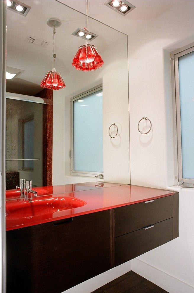 Glass Countertops Pros and Cons with Contemporary Bathroom  and Floating Vanity Frosted Window Glass Counter Glass Sink Mirror Pendant Light Red Red Accents Red Counter Red Countertop Red Pendant Light Red Sink White Wood Vanity