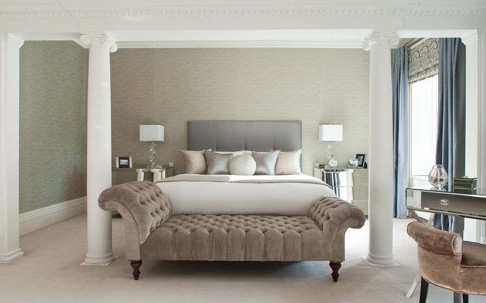 Grey Chaise Lounge Chair   Transitional Bedroom  and Bed Cushions Bedroom Bench Bench Chaise Longue Columns Ionic Ionic Columns Ionic Order Master Bedroom Pillars Tufted Chaise
