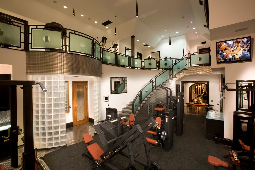 Gyms with a Sauna with Traditional Home Gym Also 2 Story Home Gym Balcony Contemporary Exercise Equipment Glass Block Glass Door Glass Railing Metal Railing Plasma Tv