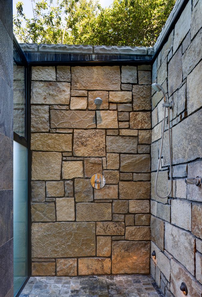 Hand and Stone Port Washington   Modern Patio Also Backyard Double Shower Head Frosted Glass Hand Shower Large Stone Shower Outdoor Shower