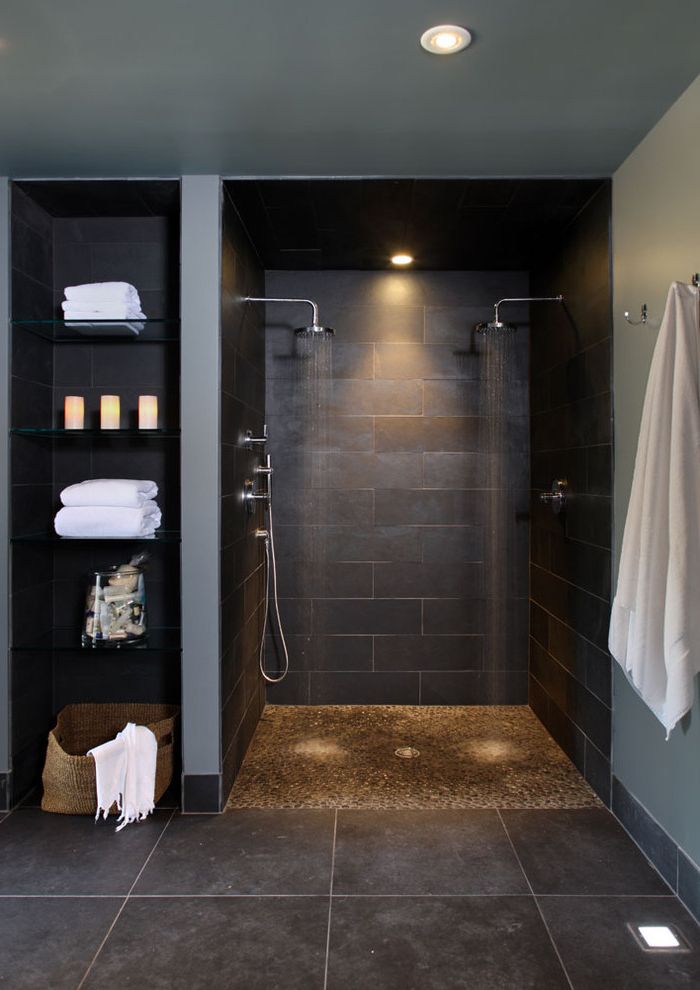 Head Start Fargo with Contemporary Bathroom Also Baseboards Gray Walls Open Shower Pebble Tile Rain Showerhead Tile Floors Towel Storage Walk in Shower White Trim