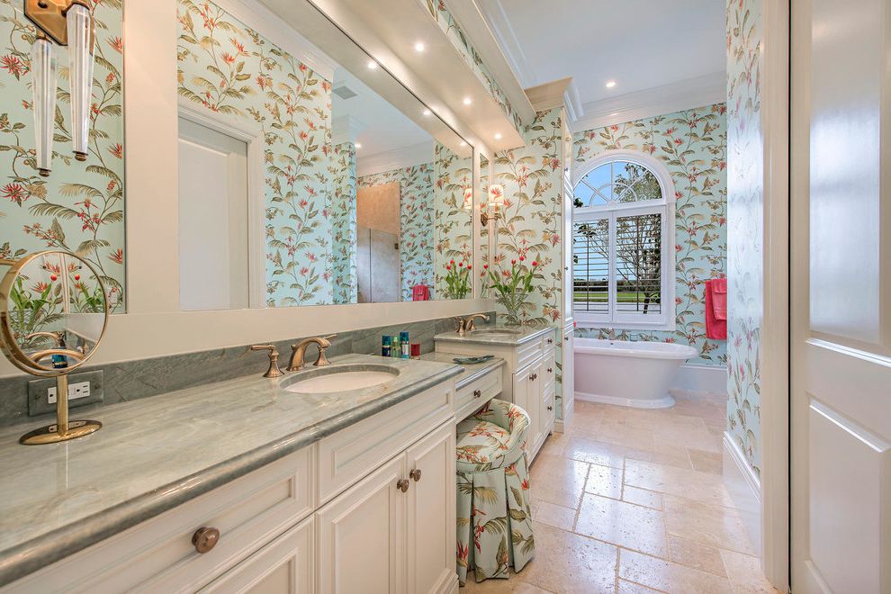 High Hat Lights   Traditional Bathroom  and Gold Appliances Gold Mirror Green Countertop Green Wallpaper Recessed Lighting Tropical Wallpaper Window Above Tub