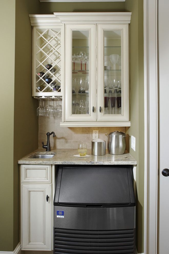 Home Bar Ice Maker with Traditional Kitchen Also Barware Glass Front Cabinets Green Cabinets Green Walls Ice Machine Tile Backsplash White Cabinets White Wood Wine Glass Storage Wine Racks Wine Storage Wood Cabinets Wood Trim