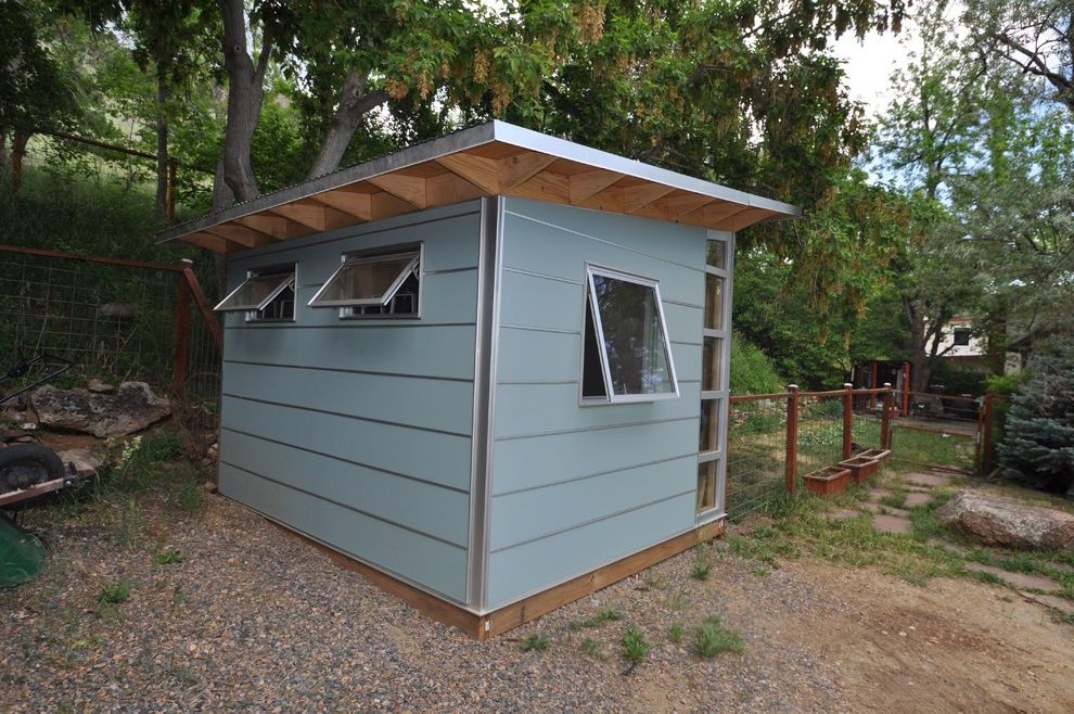 Home Depot Fort Collins   Contemporary Shed  and Awning Windows Backyard Shed Blue Eaves Garden Shed Gray Home Gym Home Office Prefab Prefab Shed Shed Storage Shed Studio Shed Utility Shed Wire Fence Work Shed