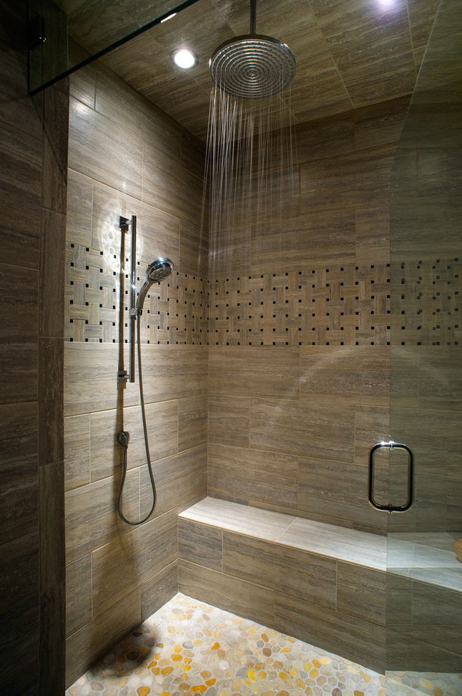 Home Depot Rain Shower Head   Contemporary Bathroom  and Double Showerhead Glass Shower Door Hand Held Shower Pebble Tile Floor Rain Showerhead Recessed Light Shower Seat