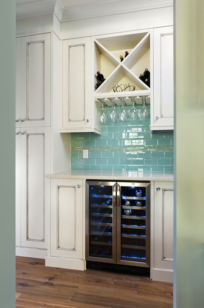 Home Depot Wine Cooler   Traditional Kitchen  and Bar Blue Glass Tile Backsplash Built in White Cabinets Glass Rack Hardwood Floor Home Bar Wet Bar Wine Fridge Wine Storage X Pattern