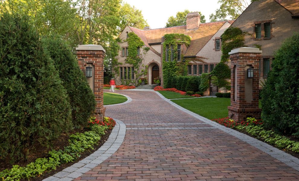 Housemaster Home Inspection Reviews with Traditional Landscape  and Brick Driveway Brick Faced Brick Paving Circular Driveway Entrance Entry Entry Gate Estate Front Door Grass Ivy Lantern Lawn Mass Plantings Outdoor Lighting Tower Tudor Turf Turret