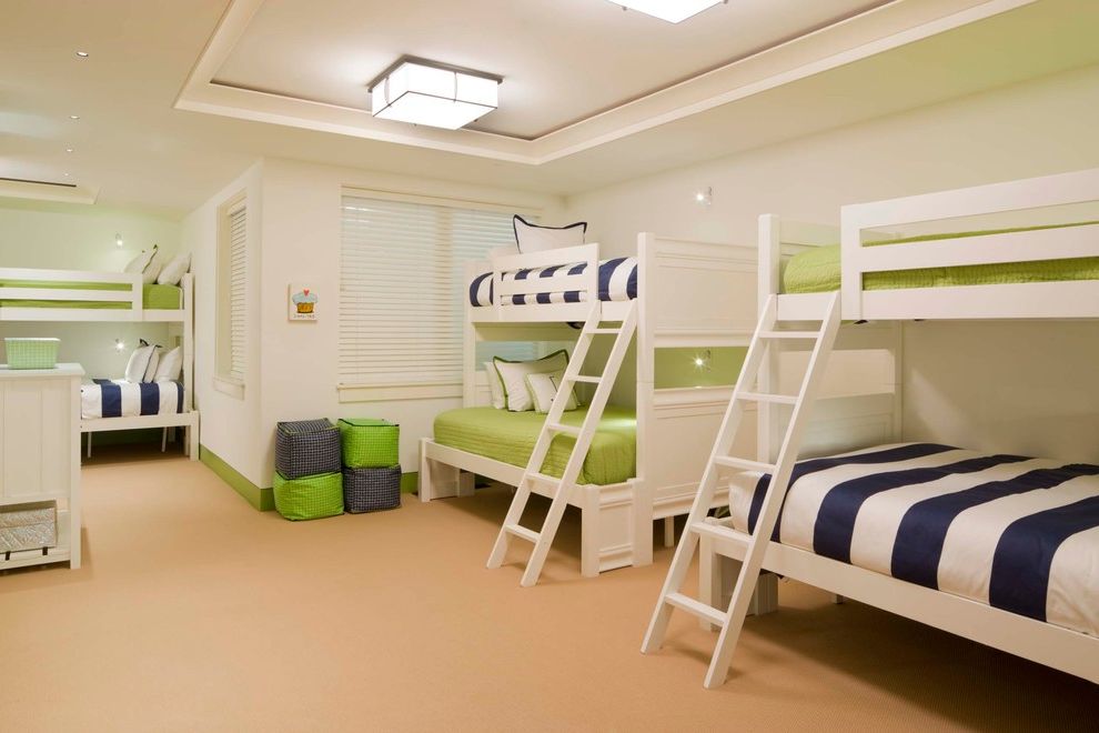 How Big is a Queen Bed with Transitional Kids Also Blinds Blue Stripe Bunk Beds Ceiling Lights Cupcake Dresser Green Kids Room Ladders Poufs Tray Ceiling White Walls