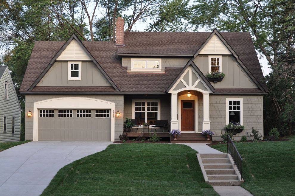 How Big is My Property   Traditional Exterior Also Board and Batten Driveway Entrance Entry Front Porch Garage Doors Grass Lanterns Lawn Outdoor Stairs Shingle Siding Turf Window Boxes Wood Siding