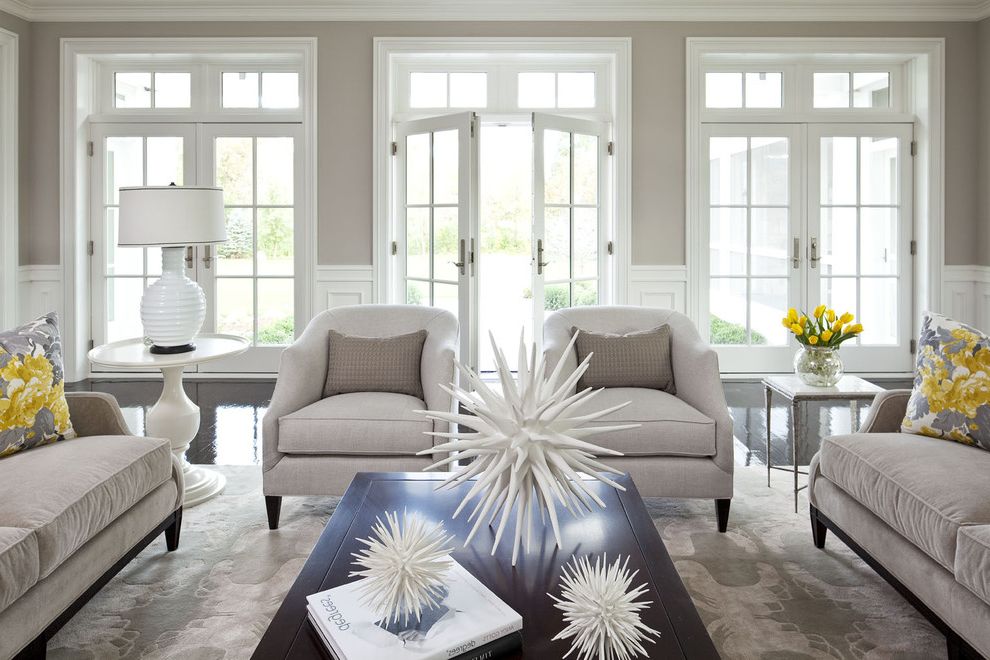 How Long Does It Take to Paint a Room   Traditional Living Room  and Area Rug Black Black Floor Cocktail Table Decorative Pillows End Table French Doors Gray Lamp Lounge Chair Martha Ohara Interiors Sofa Spiky Accessory Star Accessory Taupe White Yellow